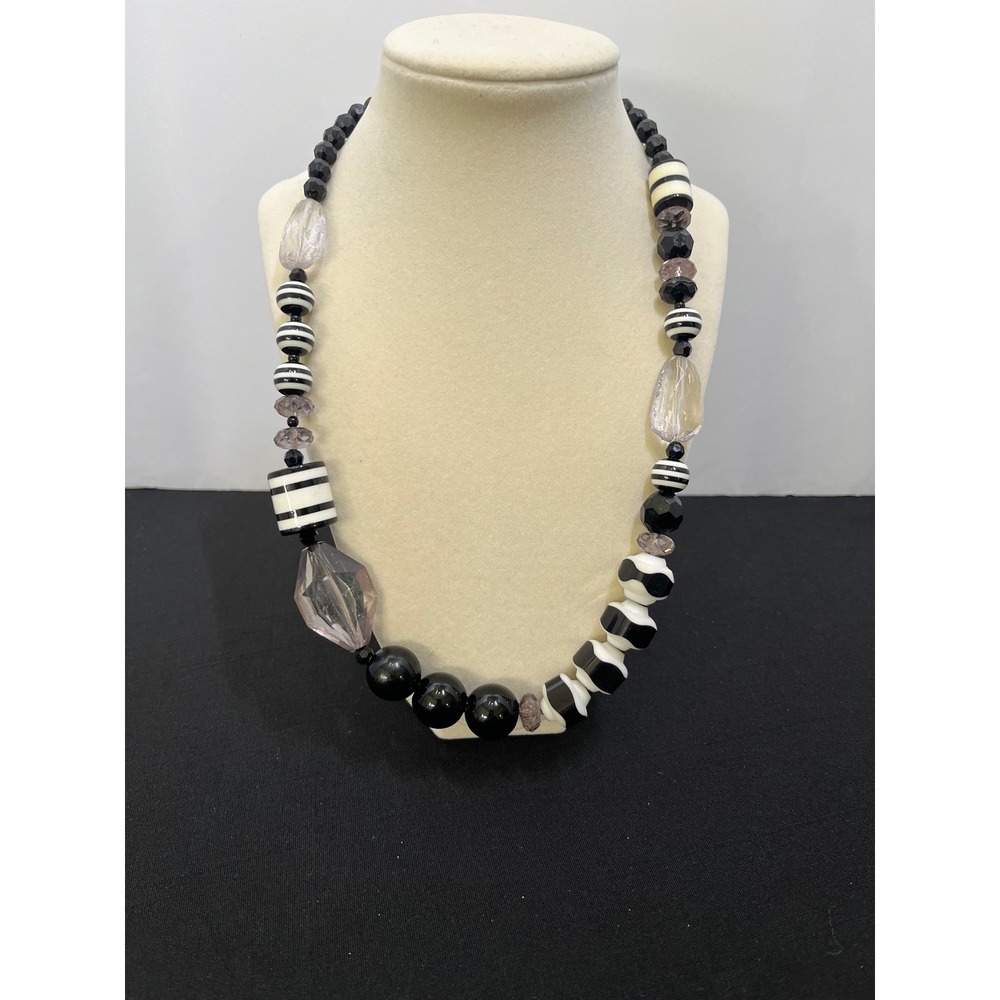 Black White Striped Beaded Statement Necklace Asymmetrical Faceted Resin 25in